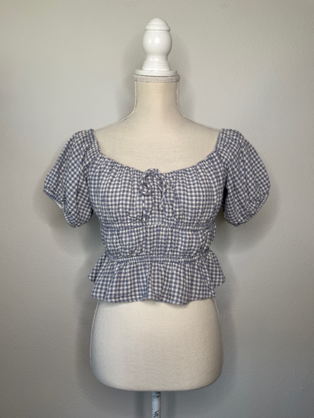 Majorelle Blue Gingham Cropped Peasant Top Tie Neck Puff Sleeve Size S